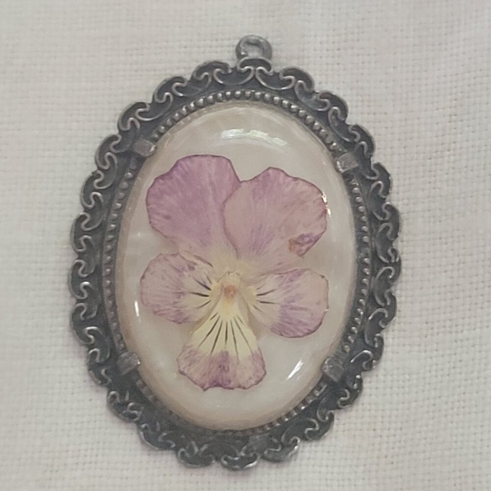 Vintage Pressed Flower Pendant Oval Silver Tone 1.75" Violet